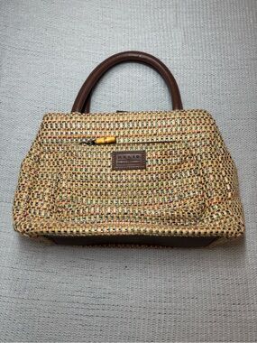 Relic Woven Satchel Handbag with Brown Trim in Natural